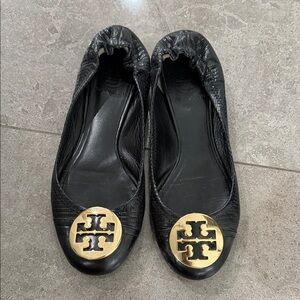 Tory Burch Black Flats with Gold Emblem